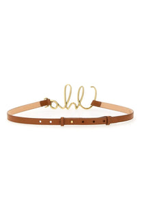 Chloé women’s small belt in beige tan leather with gold-tone metallic buckle shaped like ahl in cursive script