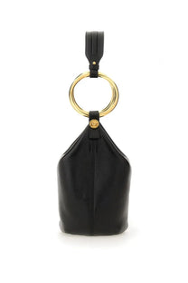 Chloé women’s small black leather bucket bag with gold-tone circular handle and matching logo plaque