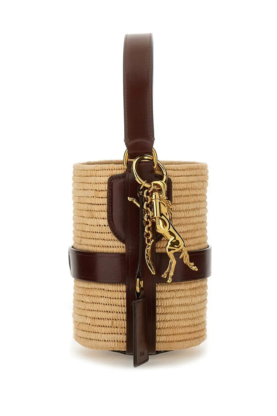 Chloé women’s small bucket bag beige with beige straw body brown leather handle and gold-tone horse charm