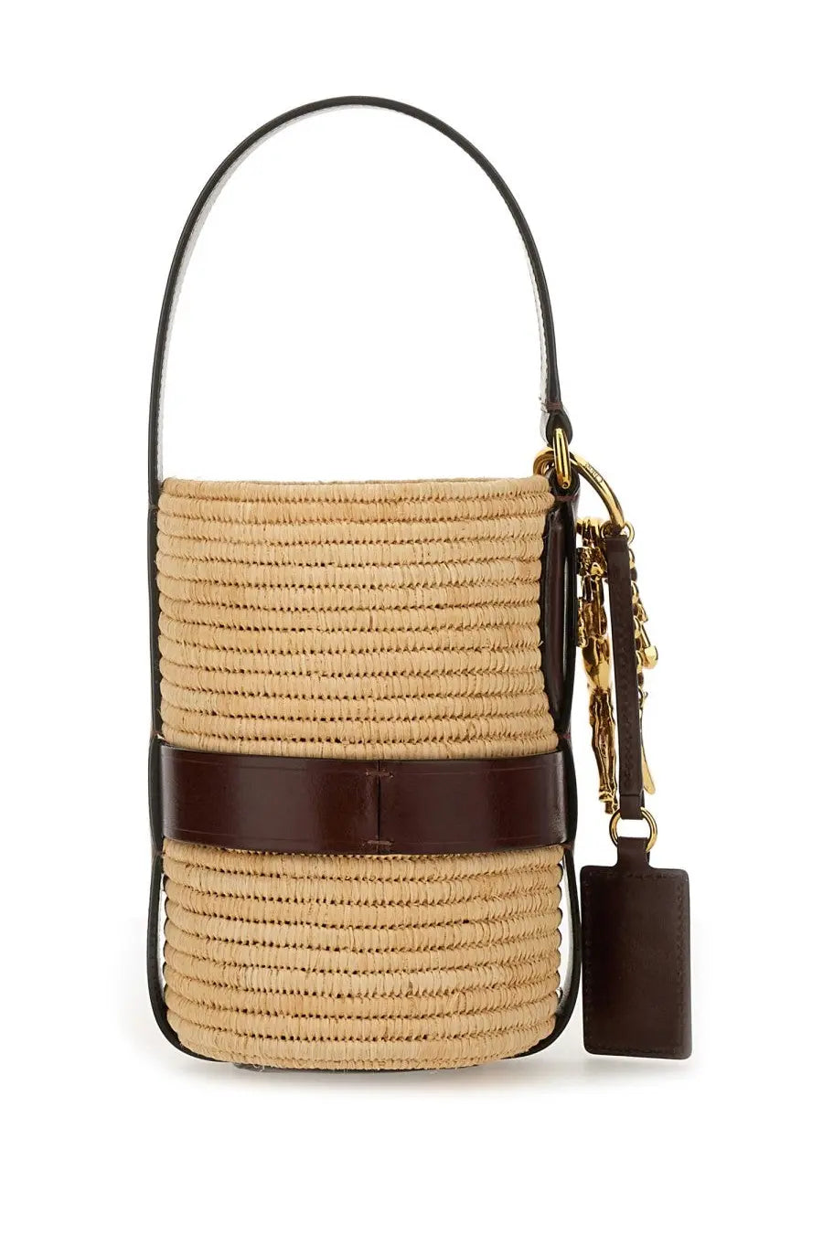 Chloé women’s small beige straw bucket bag with dark brown leather strap and gold tone hardware