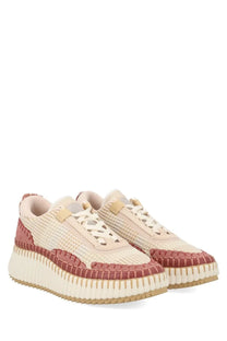 Chloé women’s sneaker nama beige in cream and dusty rose woven fabric with chunky ribbed sole front view