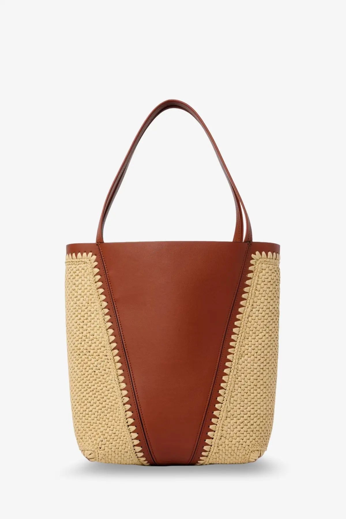 Brown leather and beige woven straw chloé spin tote bag with stitched detailing shoulder bag for women