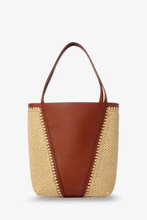 Brown leather and beige woven straw chloé spin tote bag with stitched detailing shoulder bag for women