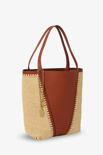 Brown leather and woven straw tote bag with gold chain strap detail by chloé for women