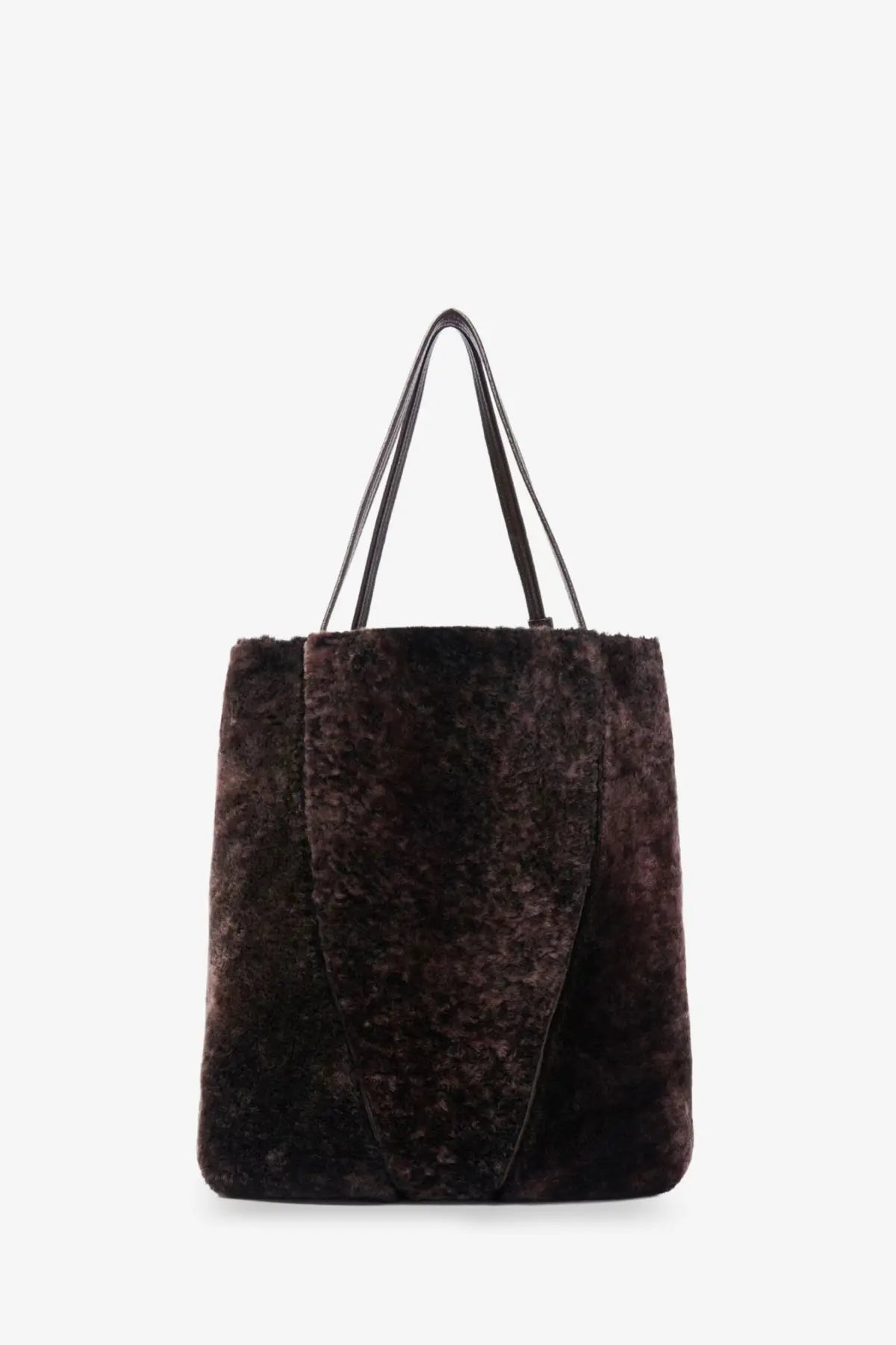 Chloé women’s spin shearling shoulder bag brown dark brown faux fur tote with black leather handles