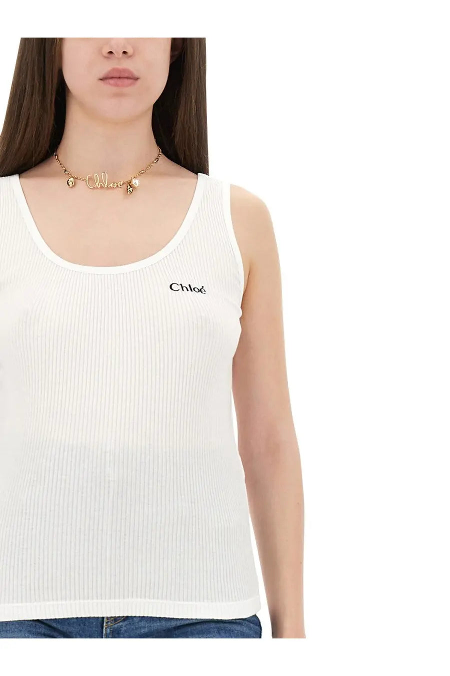 White ribbed chloé tank top with black embroidered logo on left chest for women