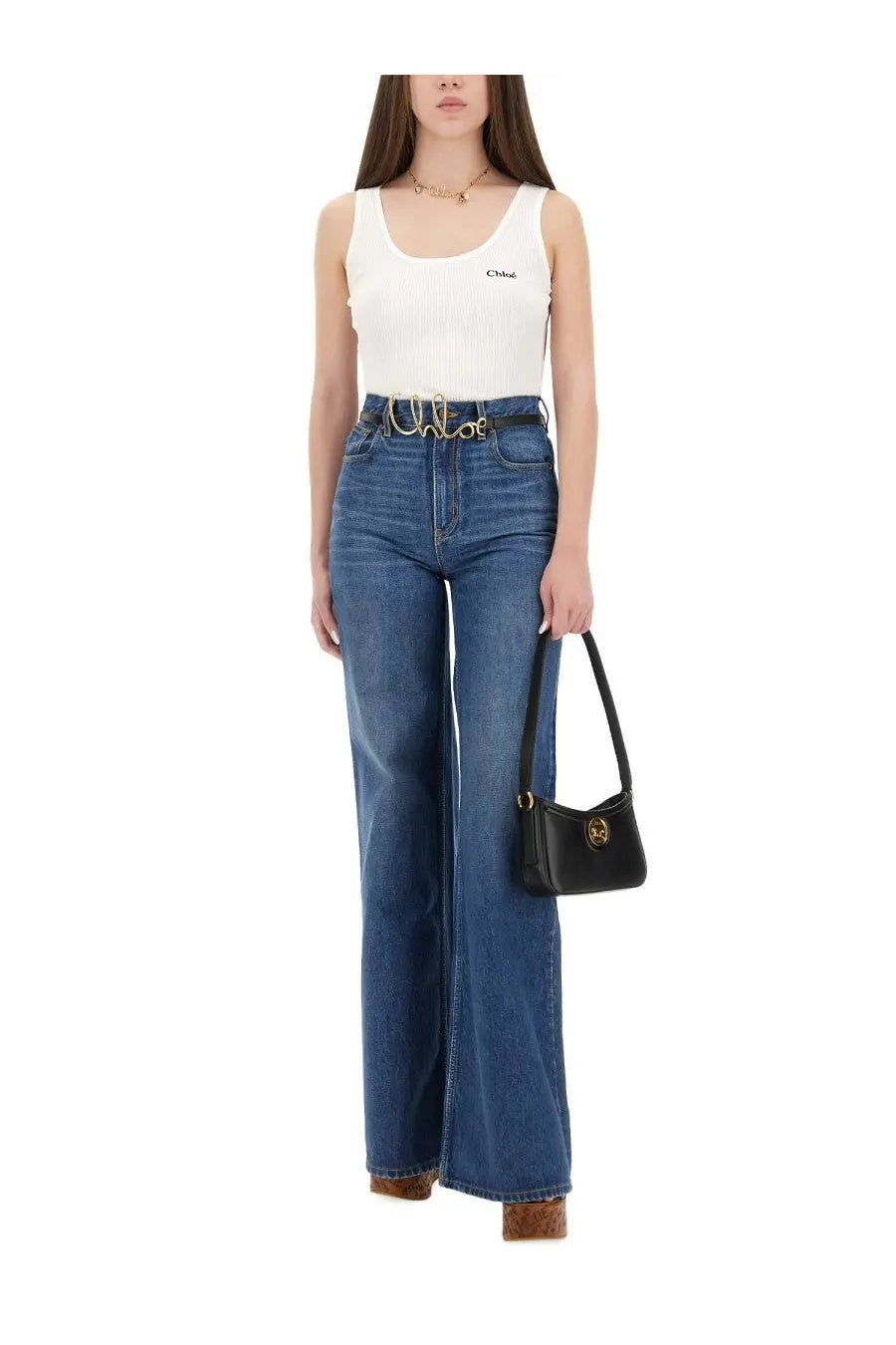 White ribbed chloé tank top with subtle logo paired with chloé women’s wide leg blue jeans