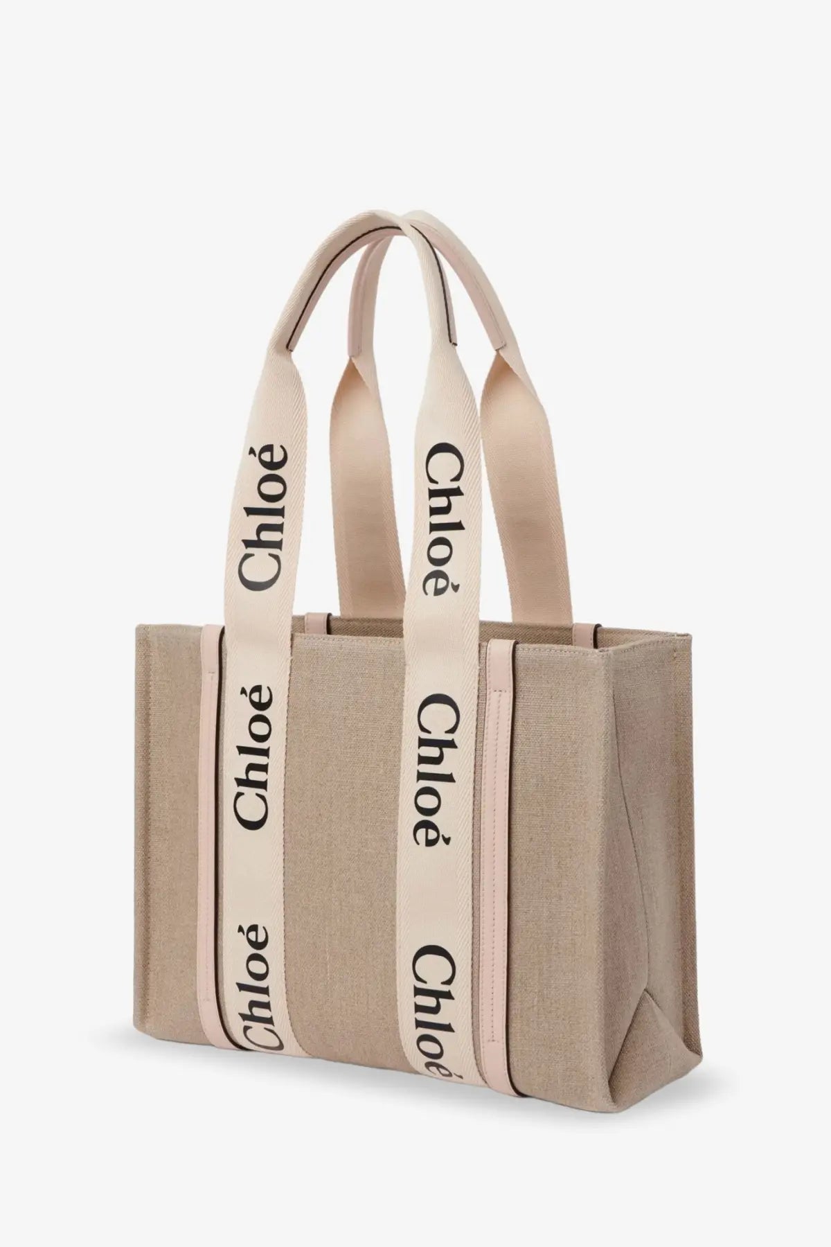 Beige canvas tote bag with cream straps and chloé logo in black lettering for women’s woody linen shoulder bag blue