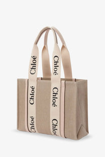 Beige canvas tote bag with cream straps and chloé logo in black lettering for women’s woody linen shoulder bag blue