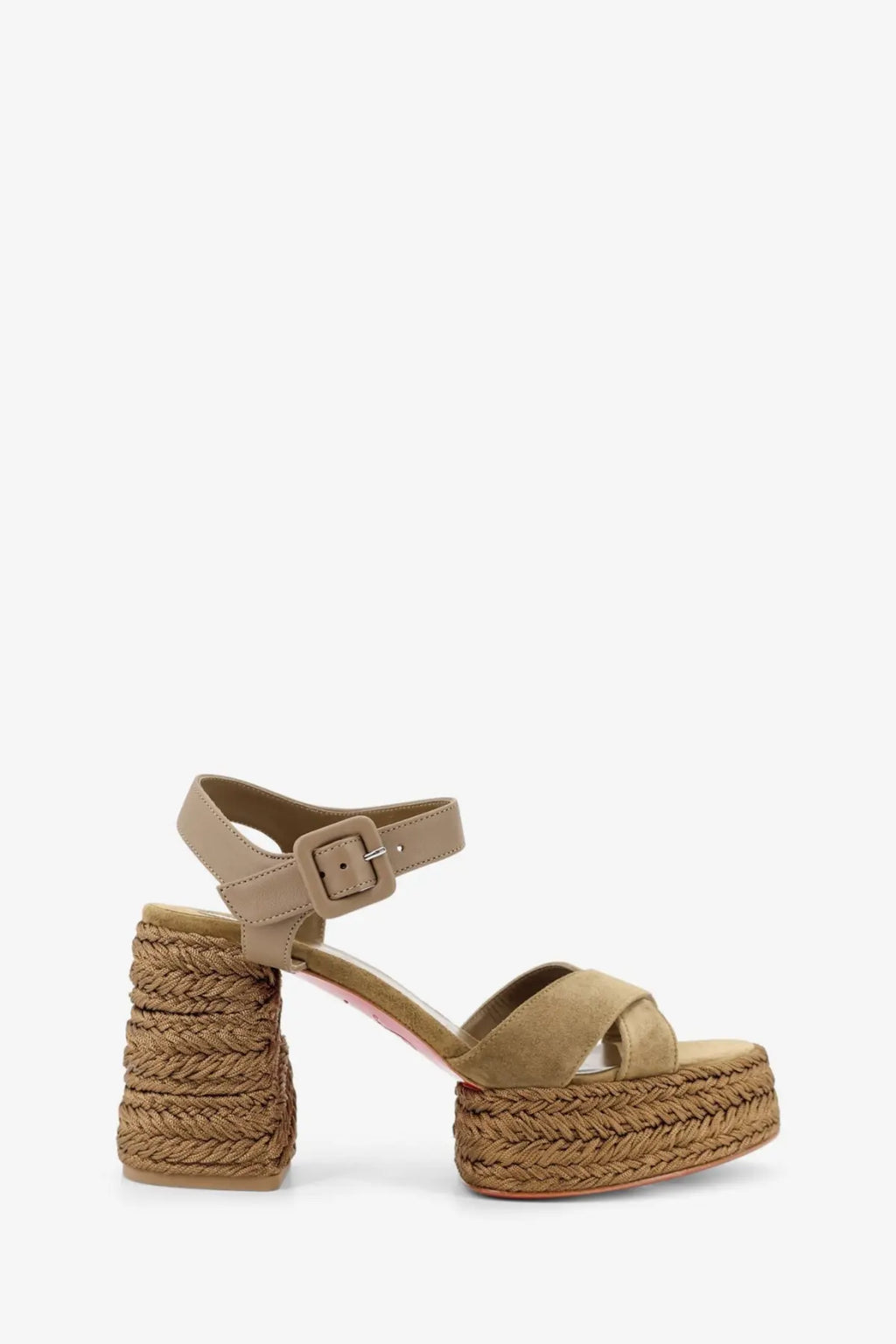 Christian Louboutin women’s Calakala beige suede platform sandal with braided rope heel and sole in bronze