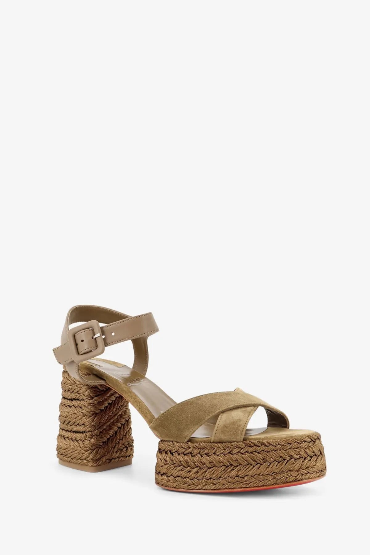 Christian Louboutin women’s calakala leather sandals bronze tan suede espadrille platform with braided jute heel and sole