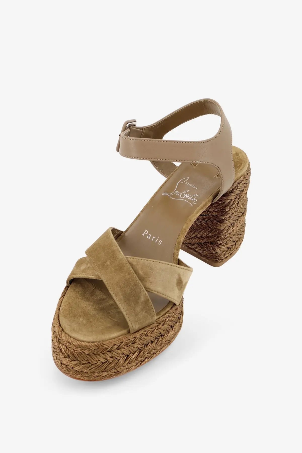 Christian Louboutin women’s calakala leather sandals in tan suede with braided jute espadrille wedge heel