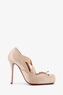 Christian Louboutin women’s cassia nodo blue satin pump with beige high heel and decorative ribbon ties at the toe