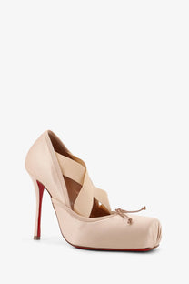 Christian Louboutin women’s Cassia Nodo beige satin high-heeled pump with crisscross straps and red sole