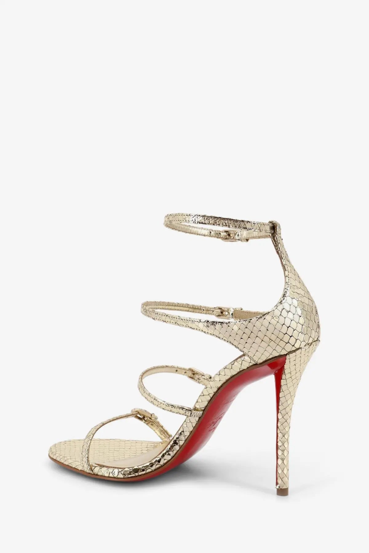 Christian Louboutin women’s Millenium gold python leather strappy high heel sandal with signature red sole