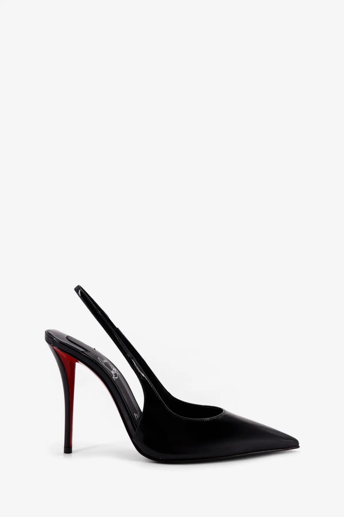 Christian Louboutin women’s Miss patent leather slingback pump in black with signature red sole visible from back side