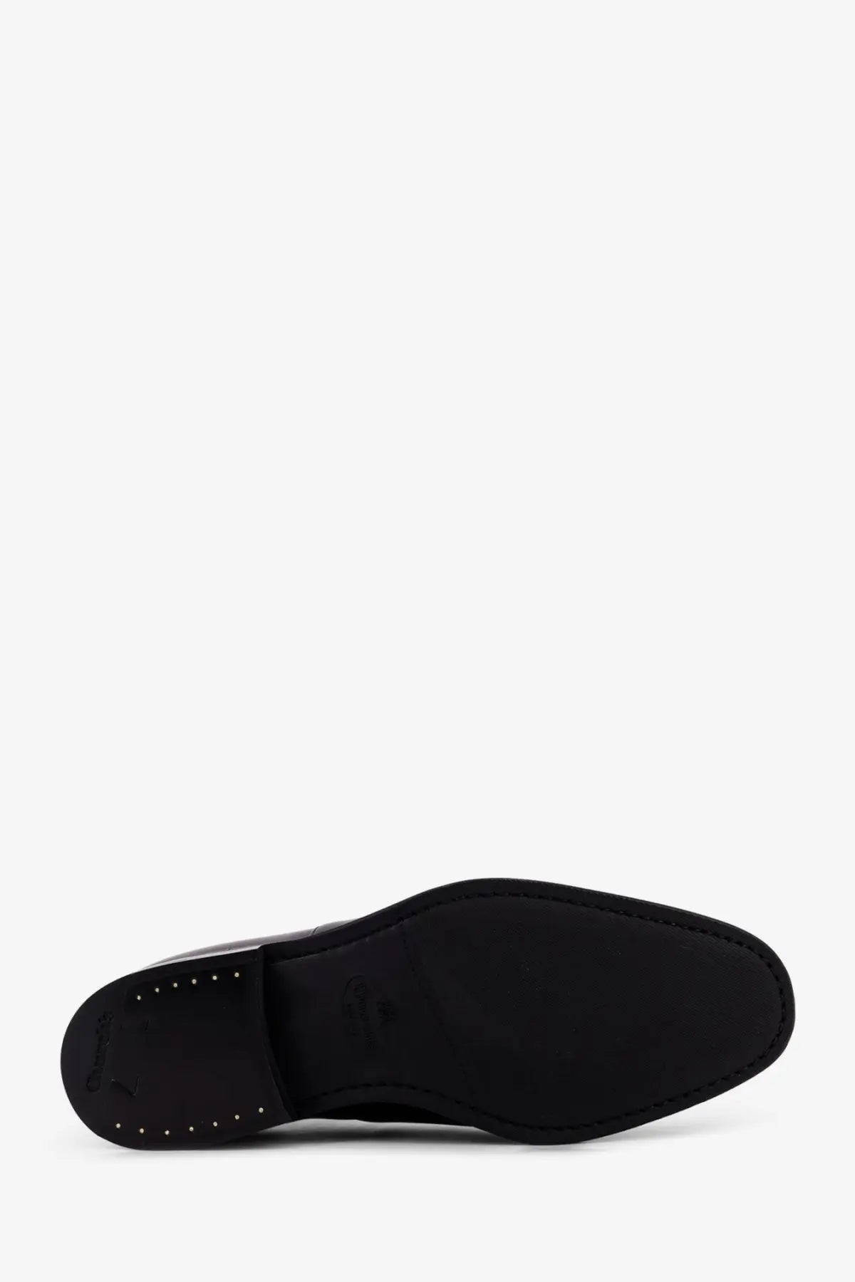 Back side of Church’s men’s Consul leather lace black shoe showing black leather sole with stitched edges and metallic studs