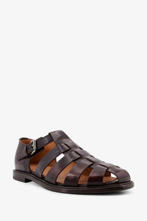 Churchs men’s brown leather fisherman sandals with dark brown woven straps and a silver buckle
