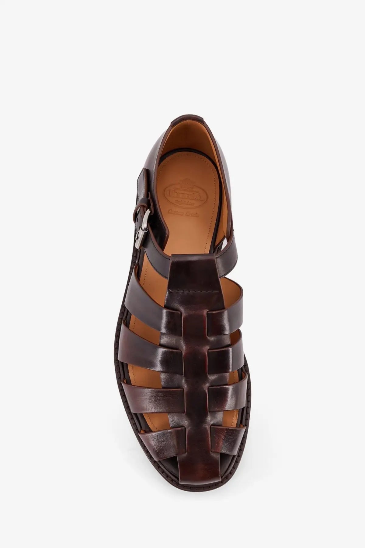 Churchs men’s leather fisherman sandals in dark brown with woven straps and a single side buckle