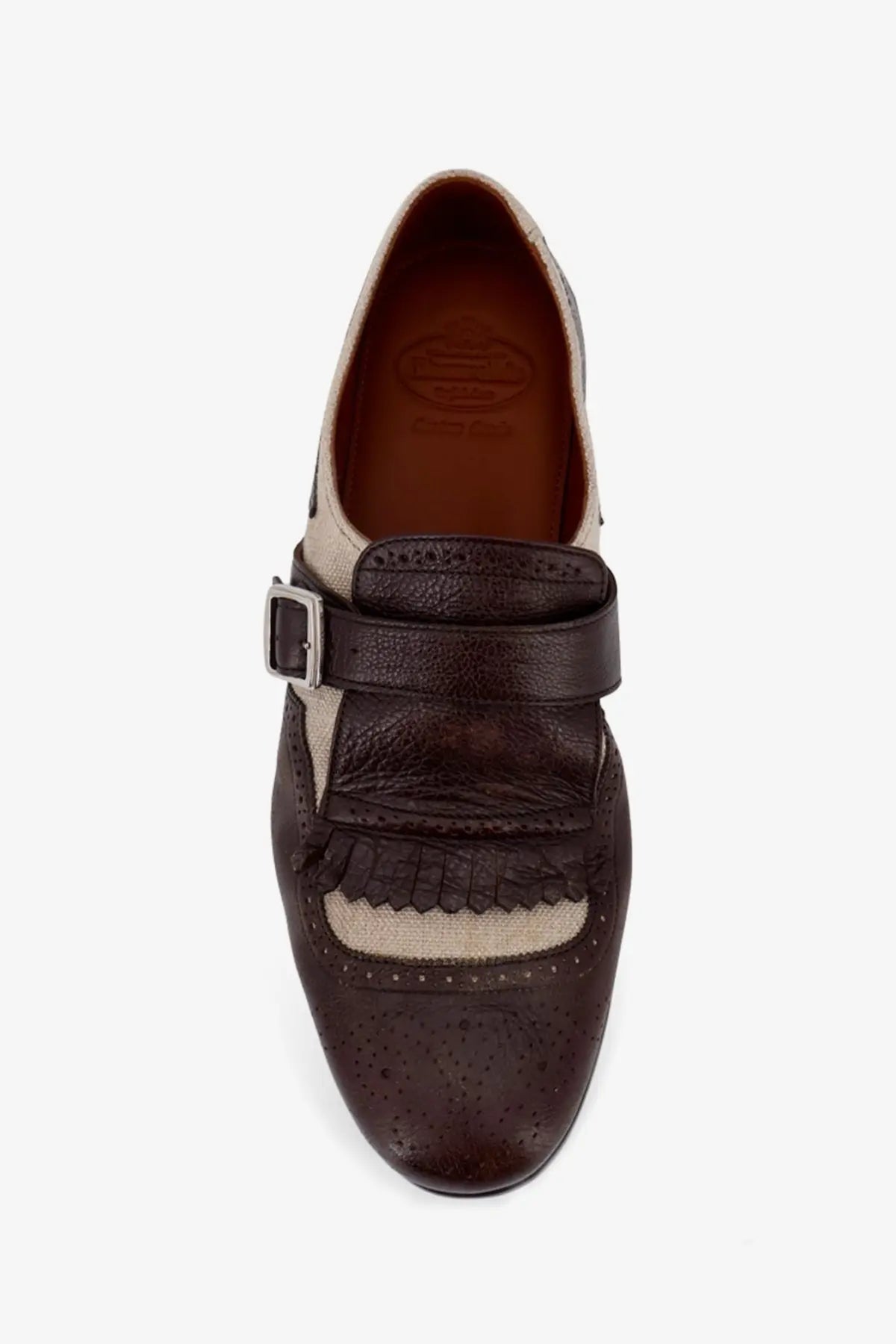 Churchs men’s Shangai Flex loafers in brown leather with beige panel and frayed edge detail