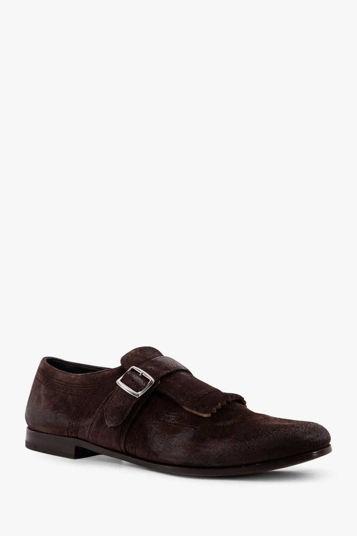 Churchs men’s Shanghai laser brown suede monk strap shoe with silver buckle and frayed leather detail