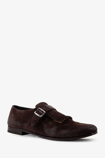 Churchs men’s Shanghai laser brown suede monk strap shoe with silver buckle and frayed leather detail