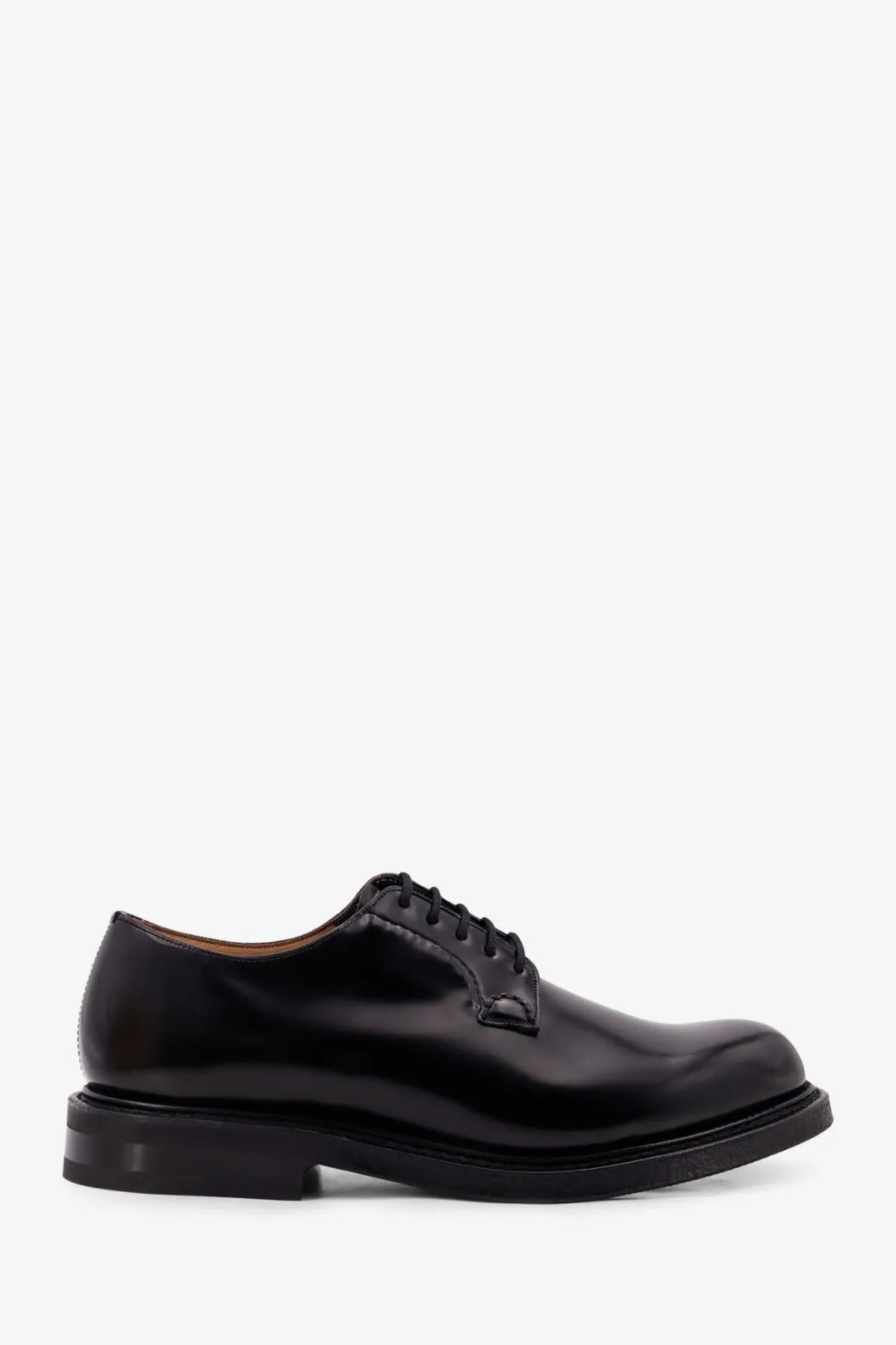 Churchs men’s Shannon leather lace black derby shoe in black patent leather with polished finish and classic lace-up design