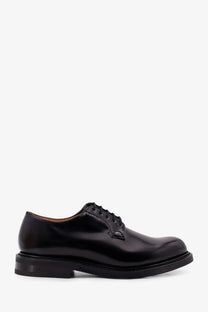Churchs men’s Shannon leather lace black derby shoe in black patent leather with polished finish and classic lace-up design