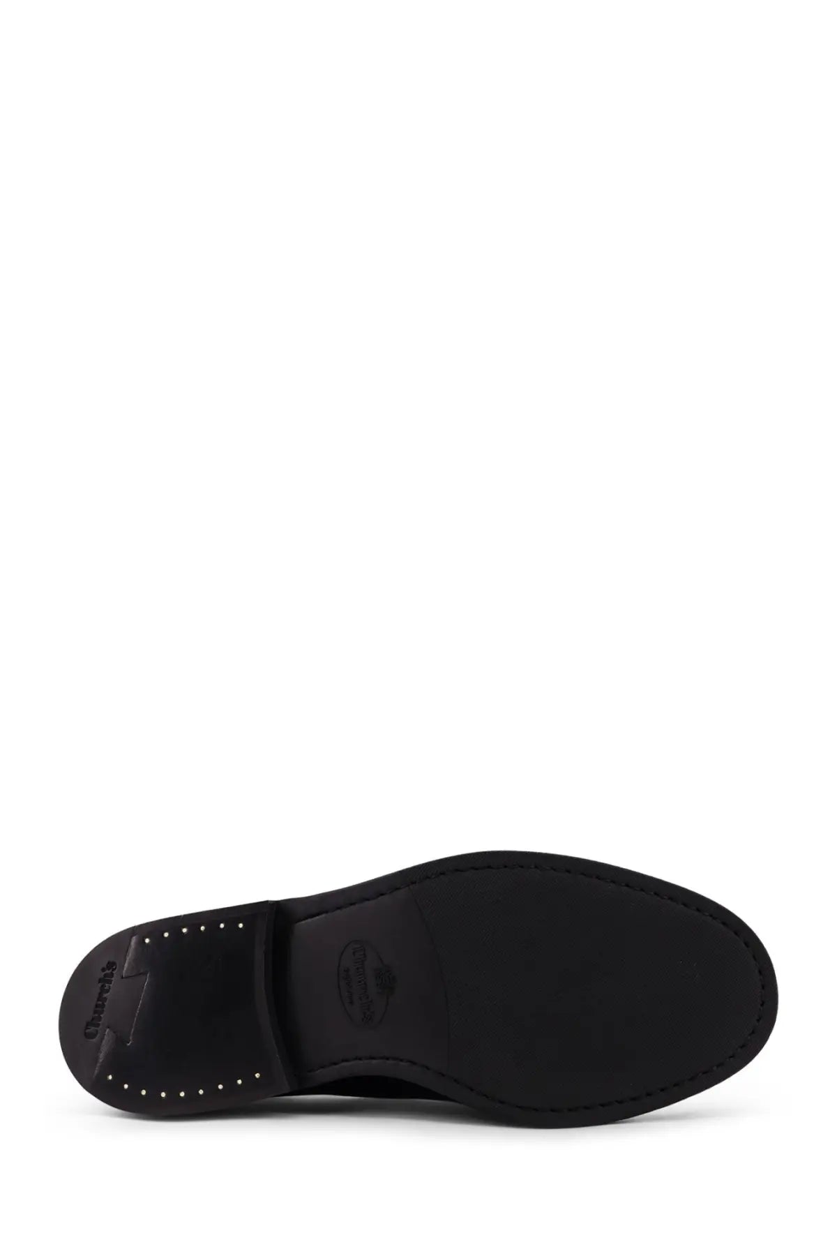 Black leather sole with stitched edges and Churchs branded logo on the heel of Churchs men’s Shannon leather lace black shoe