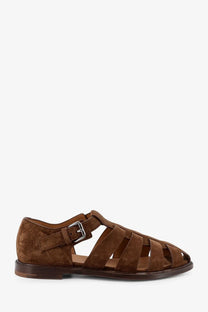 Churchs men’s orange suede fisherman sandals with brown crisscross straps and silver buckle detail