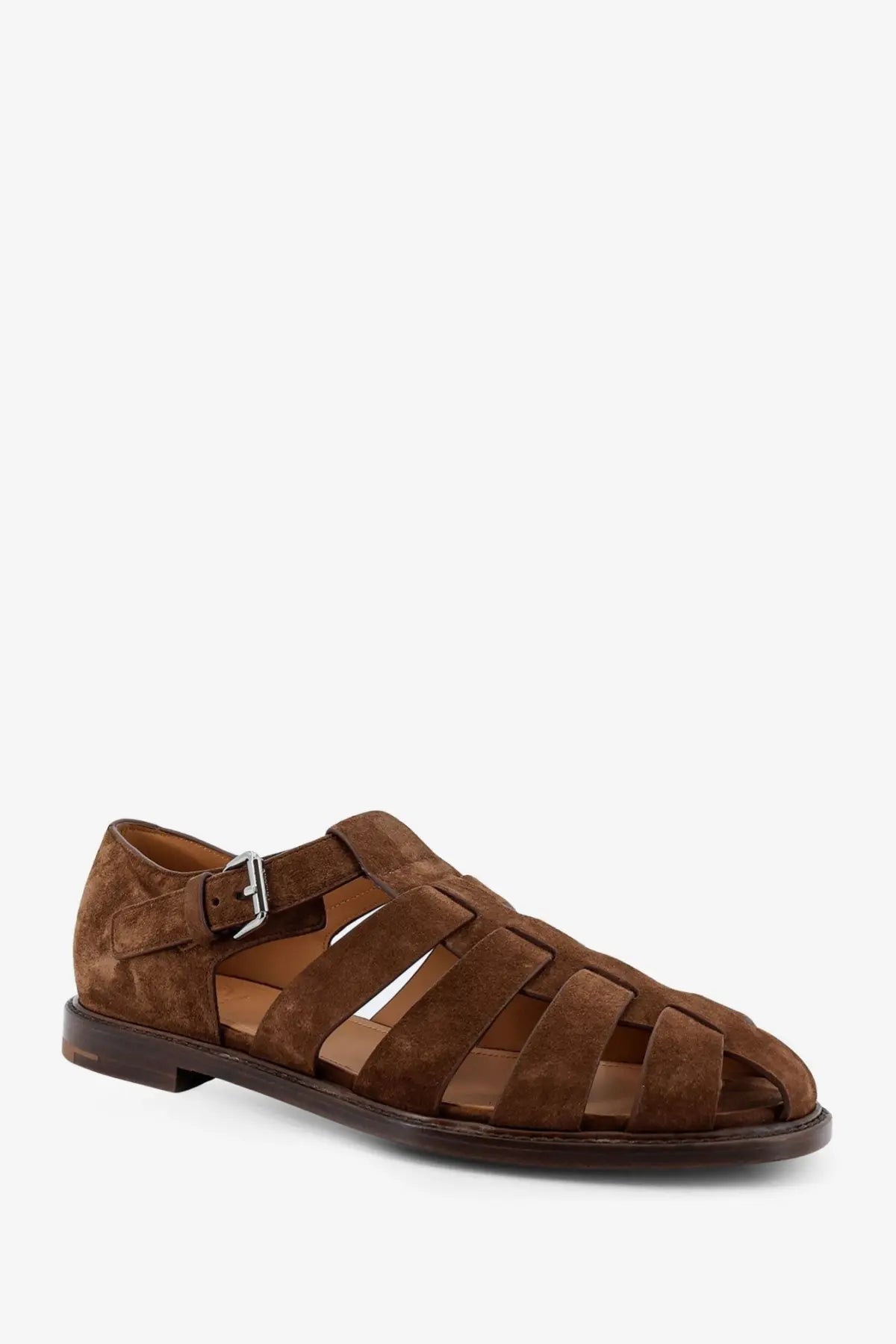 Churchs men’s suede fisherman sandals orange in brown with woven straps and a silver buckle detail