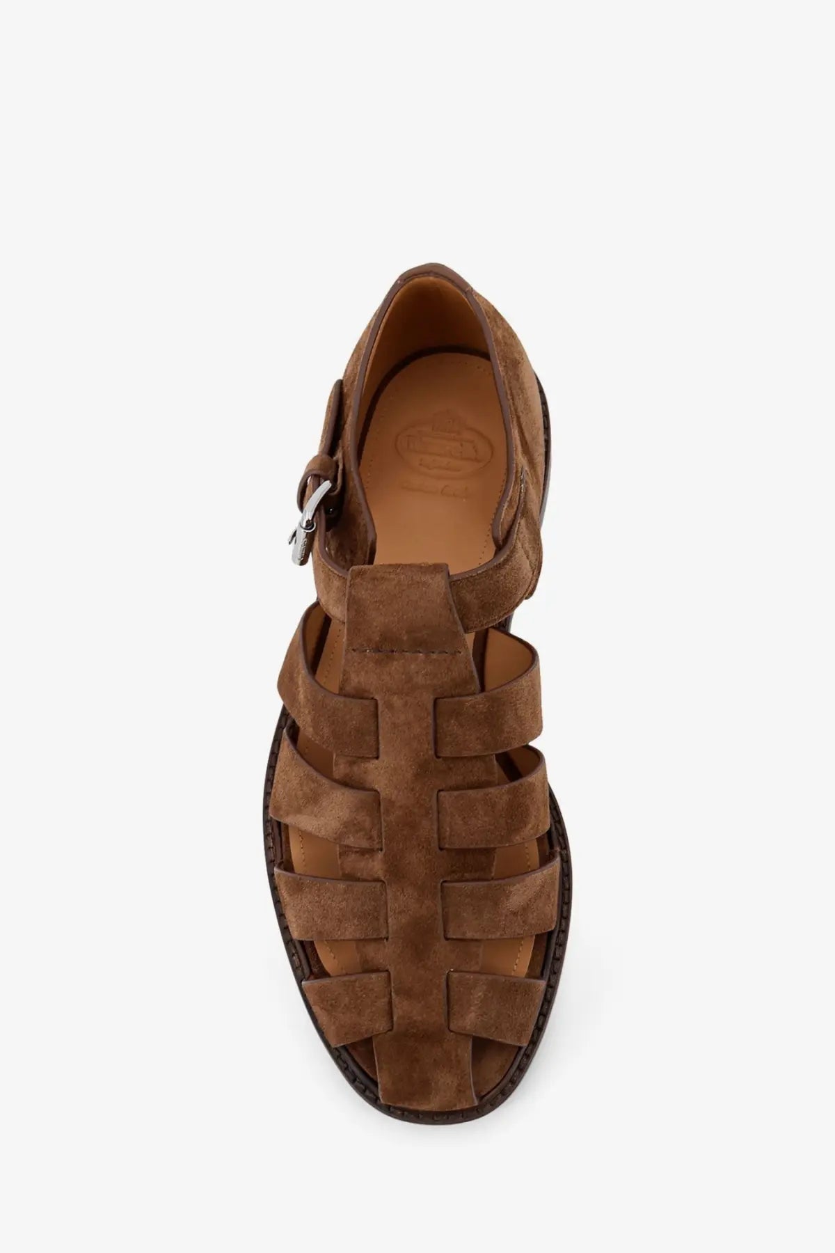 Churchs men’s orange suede fisherman sandals with brown suede and woven strap design featuring silver buckle