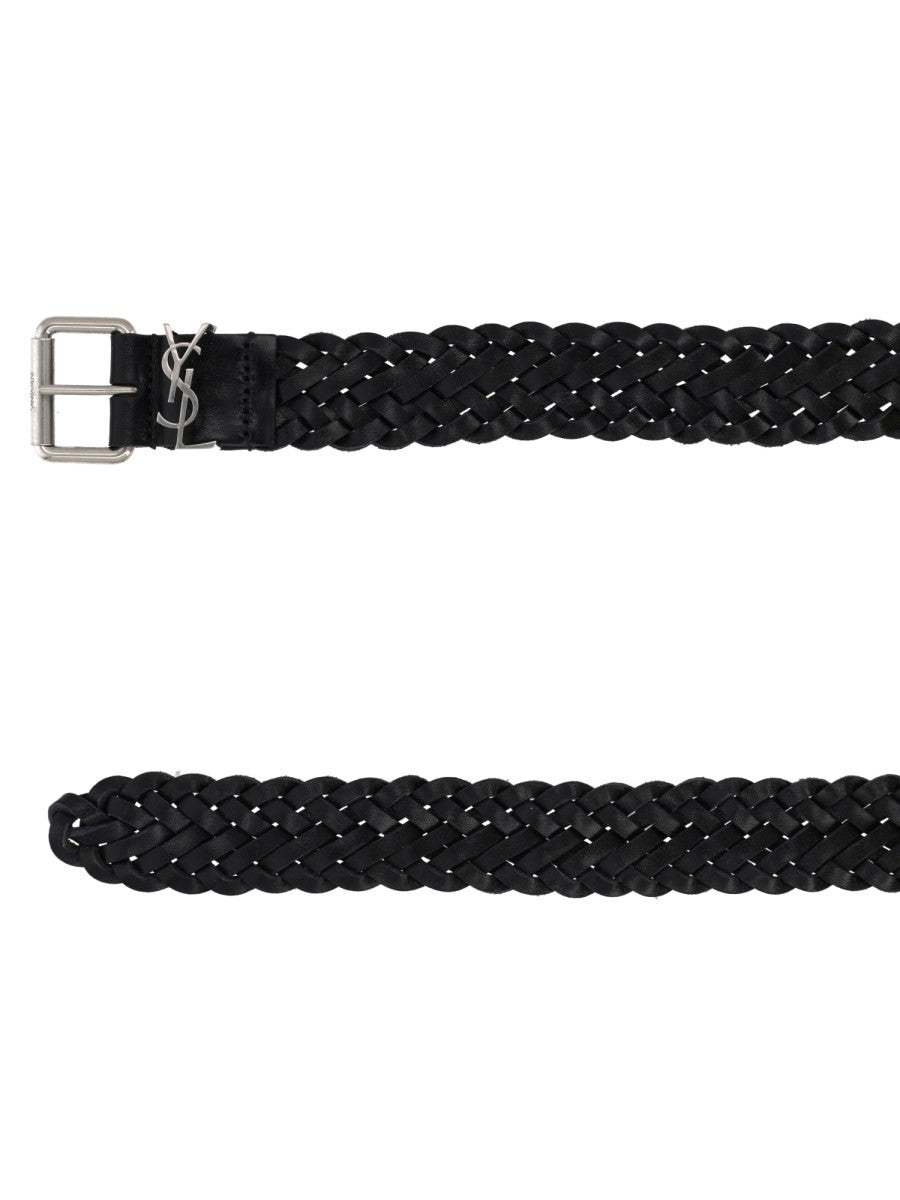 Saint Laurent Men's Cintura Cassandre in Pelle Intrecciata Black