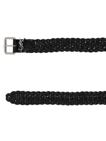 Saint Laurent Men's Cintura Cassandre in Pelle Intrecciata Black