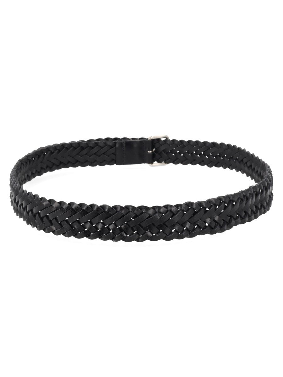 Saint Laurent Men's Cintura Cassandre in Pelle Intrecciata Black
