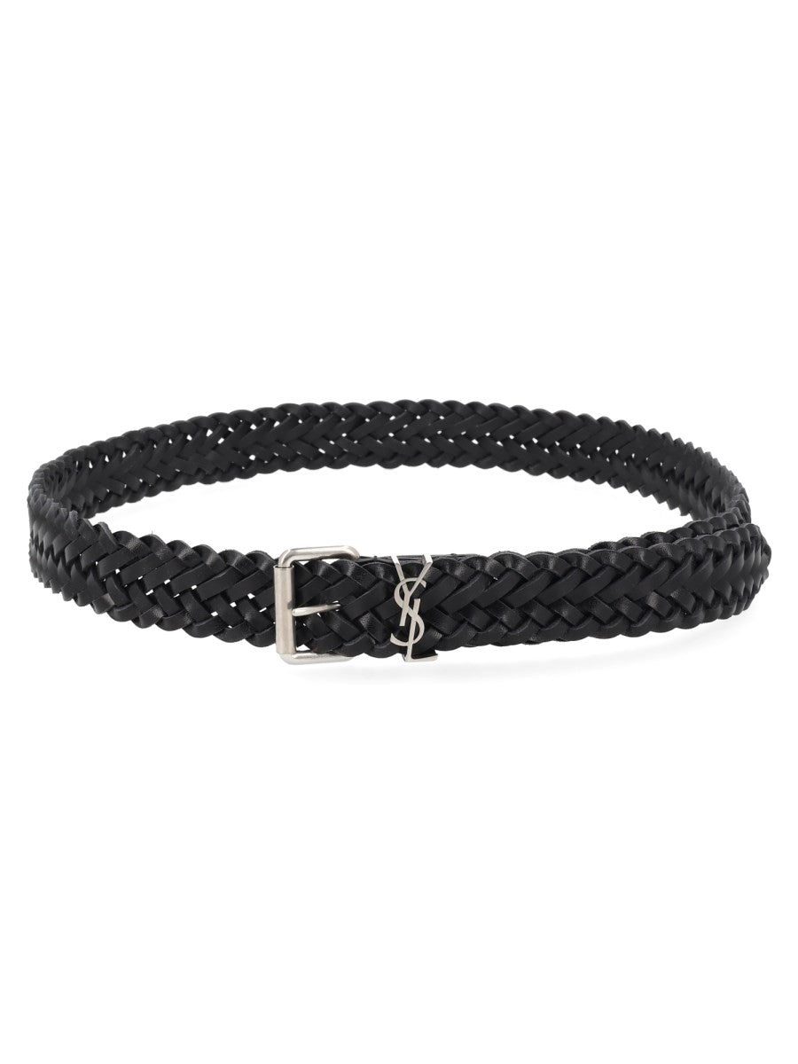 Saint Laurent Men's Cintura Cassandre in Pelle Intrecciata Black