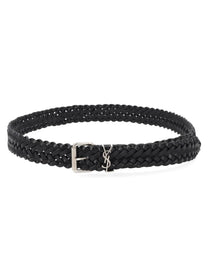 Saint Laurent Men's Cintura Cassandre in Pelle Intrecciata Black
