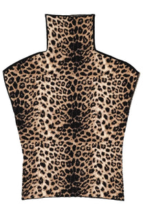 Circus hotel women’s animal print top featuring a leopard print turtleneck in black and tan textured fabric