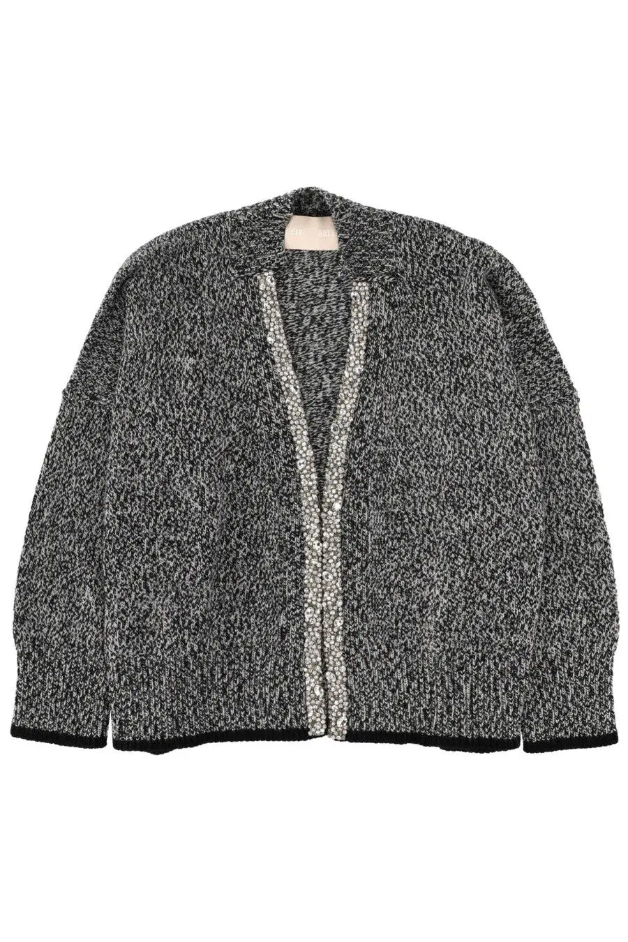 Circus hotel women’s cardigan with textured gray and black marled knit and a shimmering silver sequin front panel
