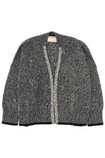 Circus hotel women’s cardigan with textured gray and black marled knit and a shimmering silver sequin front panel