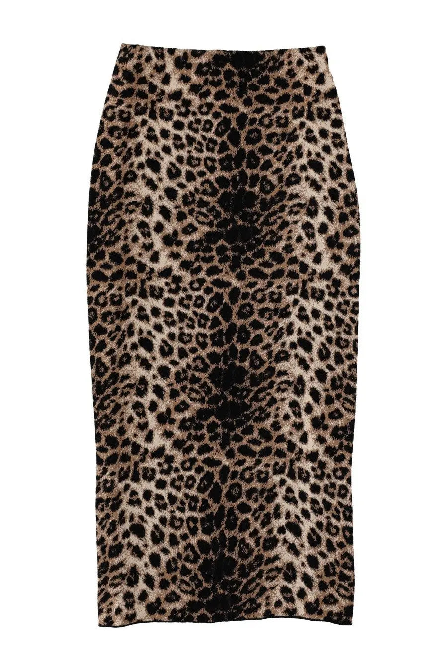 Circus Hotel women’s jacquard fitted midi skirt with classic leopard print in black spots on a tan background