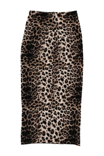 Circus Hotel women’s jacquard midi skirt with high waist in bold leopard print on textured black and tan fabric