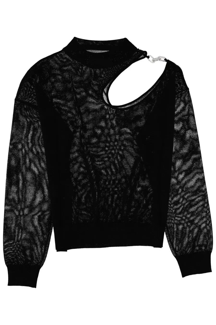 Circus Hotel women’s black knit sweater with textured body, sheer sleeves, asymmetrical shoulder cutout, and silver chain detail
