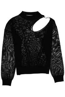 Circus Hotel women’s black knit sweater with textured body, sheer sleeves, asymmetrical shoulder cutout, and silver chain detail