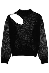Circus Hotel women’s black jersey knit sweater with textured fabric cut-out shoulder and silver chain detail