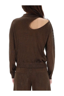 Circus hotel women’s brown jersey knit sweater with cut-out shoulder detail sheer lace panel and shimmering finish