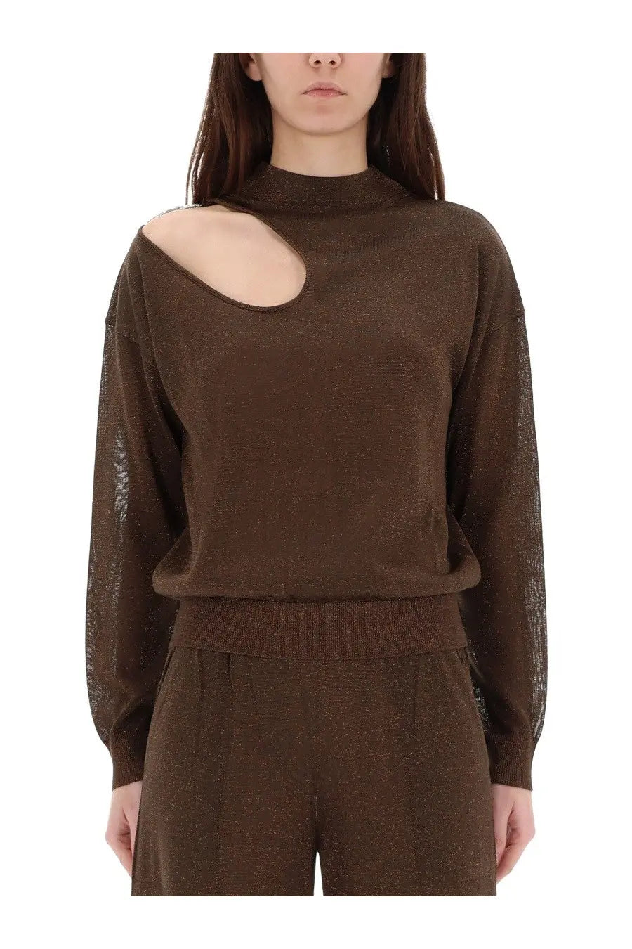 Circus Hotel women’s brown shimmering knit jersey sweater with high neckline and shoulder cut-out detail