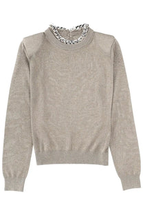 A taupe knit sweater with a bold silver chain-link collar detail from Circus Hotel womens link grey collection
