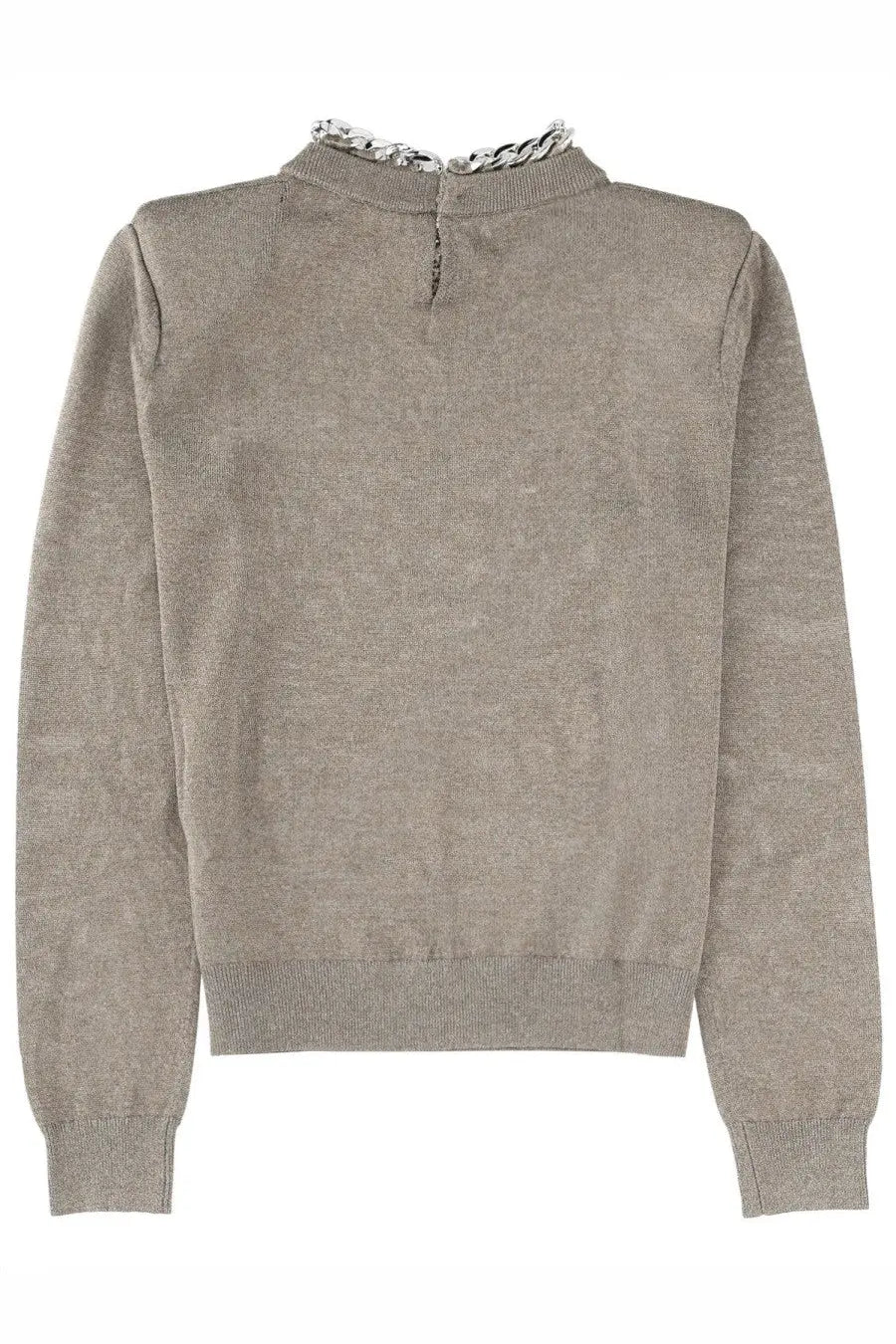 Circus hotel women’s link grey taupe knit sweater with silver chain detail at high neckline