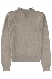 Circus hotel women’s link grey taupe knit sweater with silver chain detail at high neckline